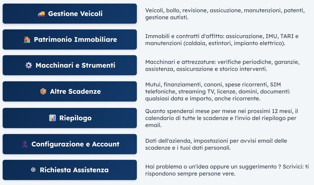 Schermata del Gestionale con i pulsanti Veicoli, Immobili, Macchinari, Altre Scadenze, Riepilogo e Account