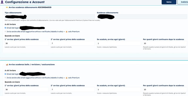 Pagina di configurazione degli avvisi email con i giorni prima della scadenza