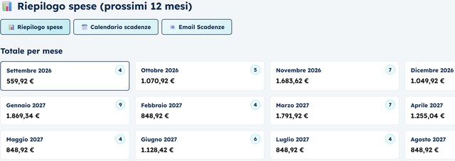 Riepilogo delle spese previste mese per mese nei prossimi 12 mesi
