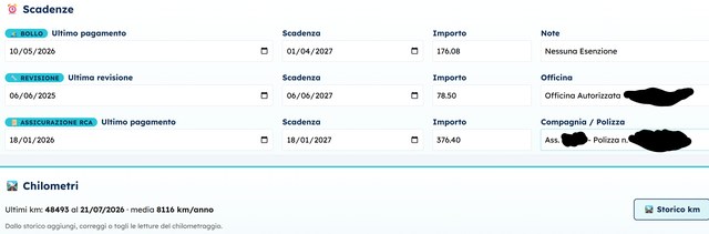Scheda di un veicolo con le scadenze di bollo, revisione e assicurazione e il riquadro dei chilometri